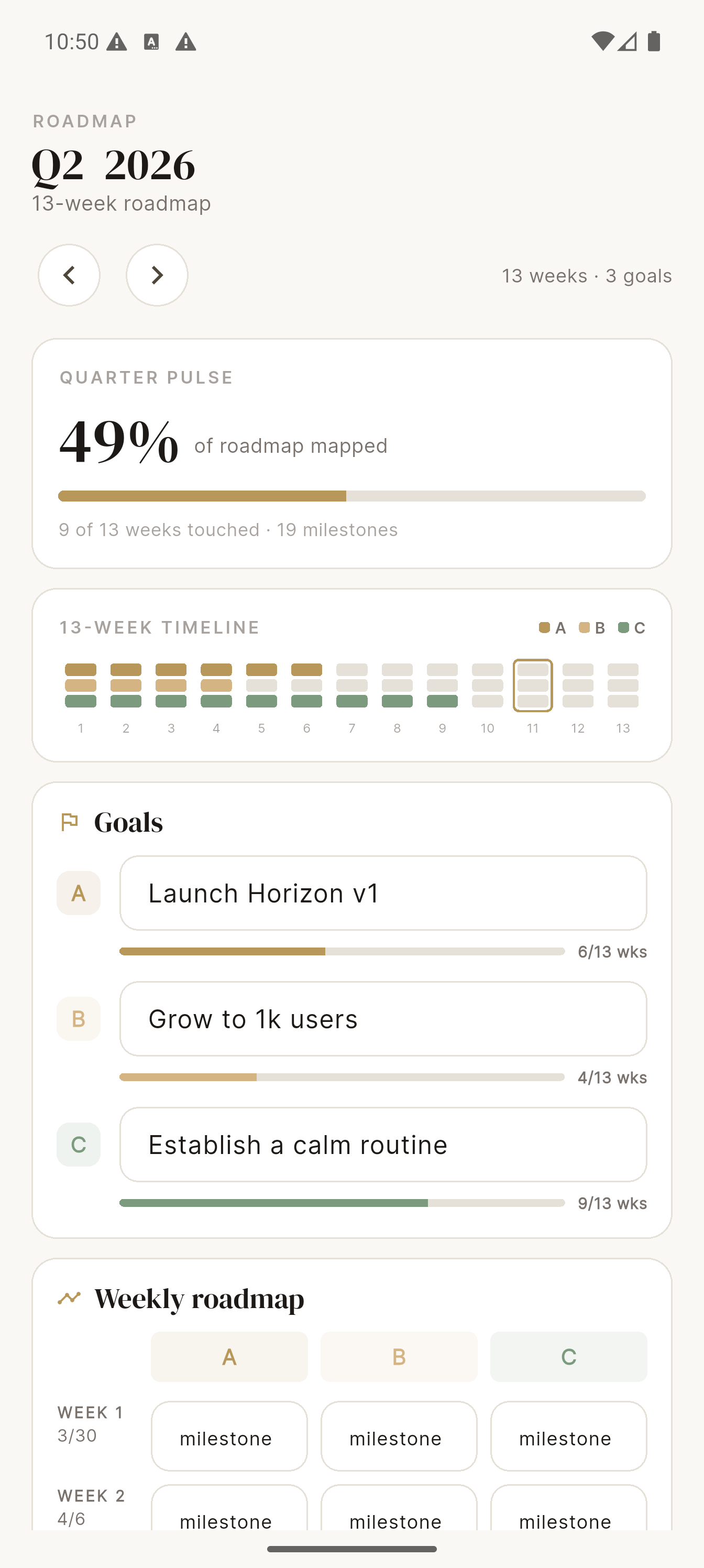 minimalist daily planner app screen on parchment, elegant serif typography, gold accent colors, fine