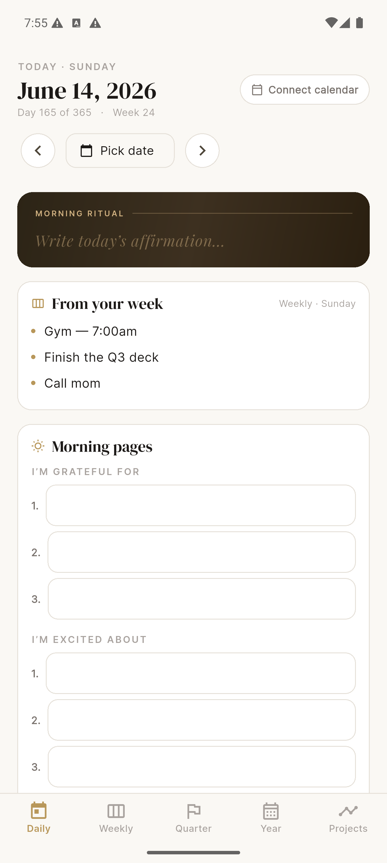 evening journal reflection app screen, soft amber candlelight, warm cream tones, elegant minimal UI,