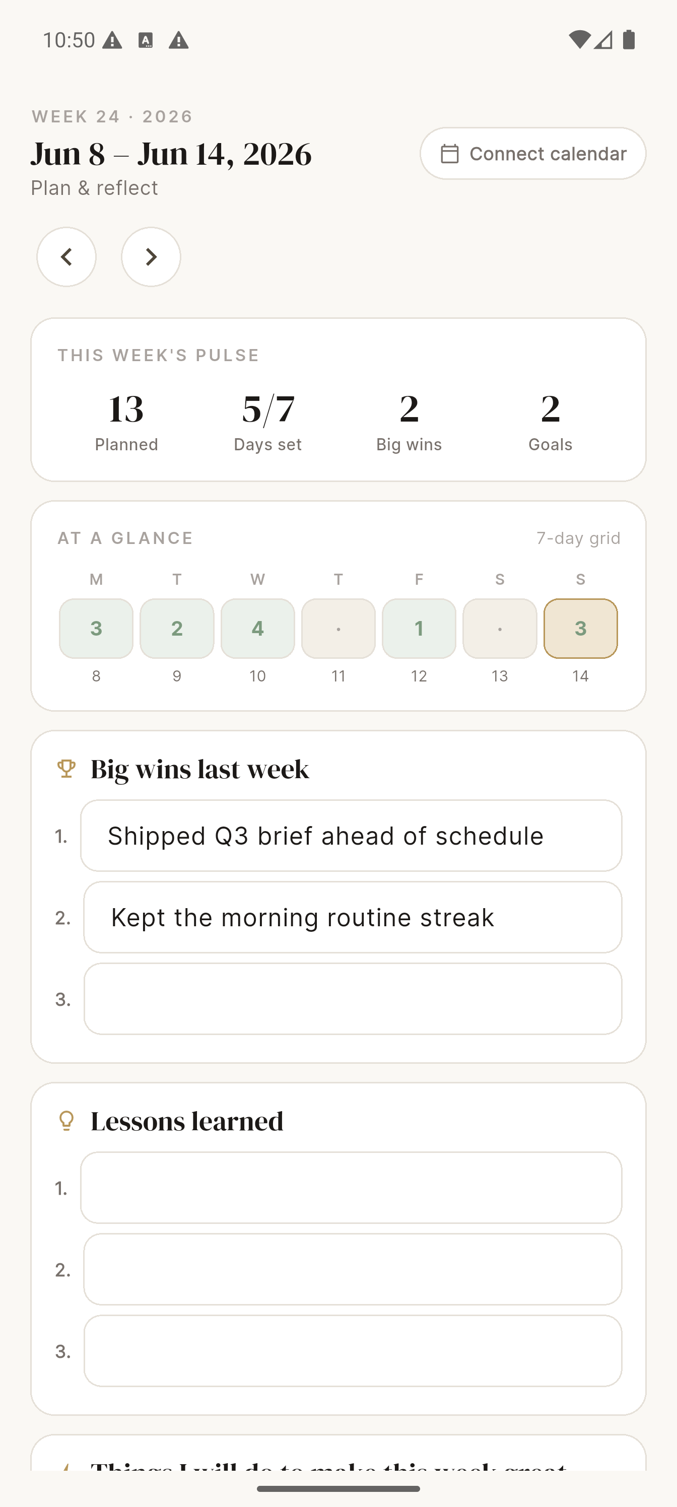 weekly planner calendar app screen, clean minimal layout, sage green and gold accents, cream backgro