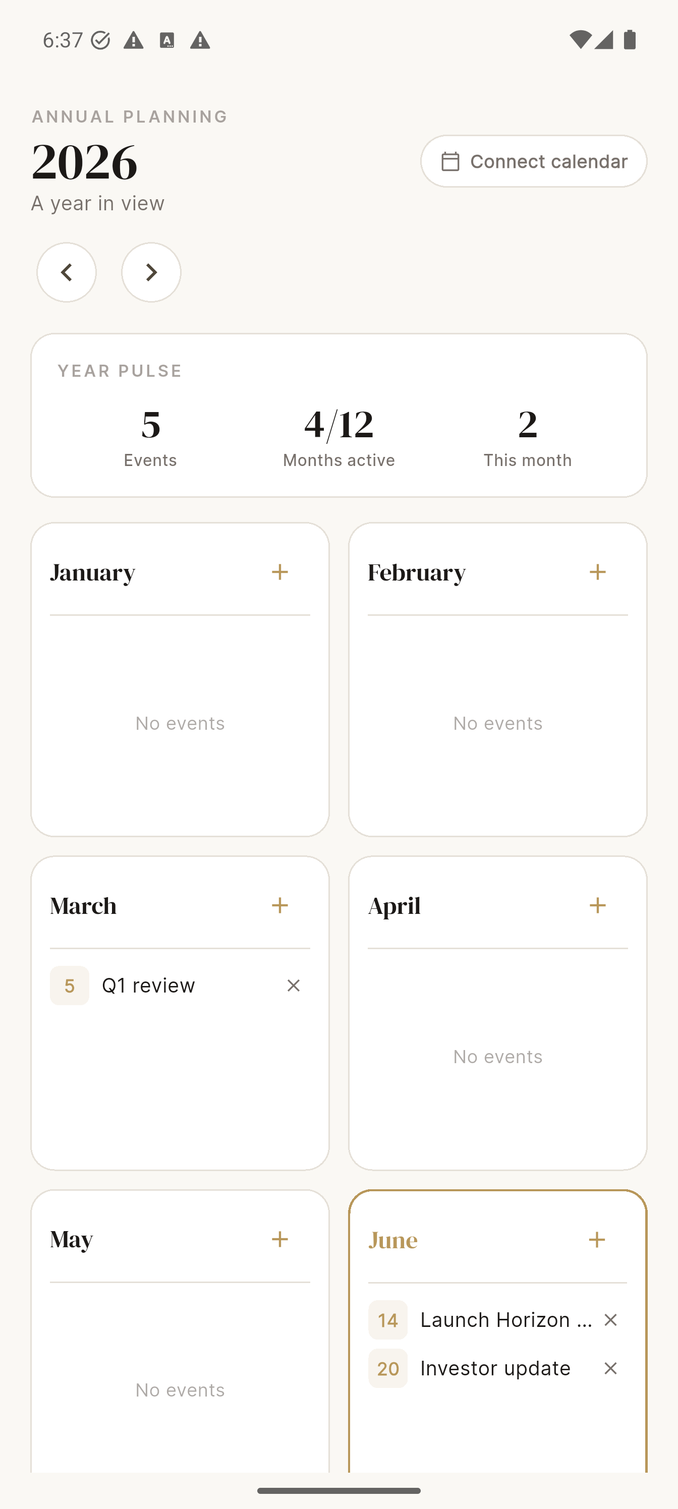 seasonal review app screen, almanac aesthetic, elegant calendar with seasons illustrated, warm parch